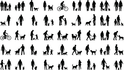 Collection of black silhouettes of people walking dogs and a person riding a bicycle