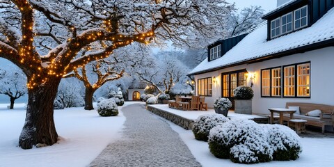 Obraz premium Cozy house in winter with festive outdoor decoration lights