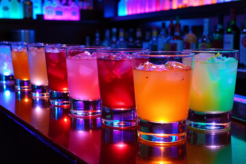 Colorful row of vibrant cocktails in glasses with ice, lined up on a bar counter in a nightclub. The background features a blurry, dark bar setting with bright neon blue lights