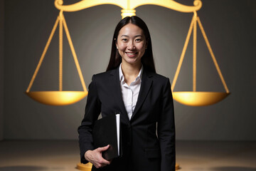 Confident young Asian female attorney in a professional black suit holds a legal binder, smiling directly at the camera with the golden scales of justice backlit behind her
