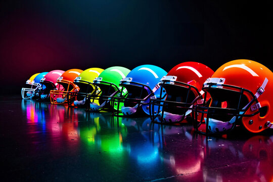 Vibrant row of colorful American football helmets in a rainbow spectrum, glowing with dramatic neon light and casting bright reflections on a glossy, dark surface for a team concept
