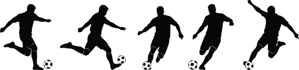 Five Black Silhouettes of Soccer Players in Action Kicking a Ball football