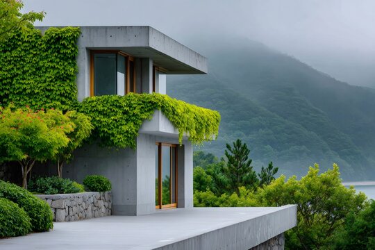 Modern concrete building integrating with green nature and mountains
