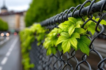 Green leaves growing on chain link urban fence