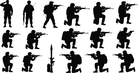 Silhouette soldiers in various combat poses with rifles and equipment military