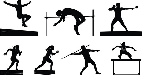 Silhouettes of athletes performing track and field events high jump shot put
