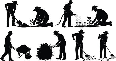 Silhouettes of gardeners performing various tasks including digging planting watering pruning raking and transporting soil