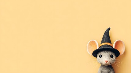 Obraz premium Small mouse wearing a black hat stands in front of a yellow background. The image has a playful and whimsical mood, as the mouse is dressed up like a witch