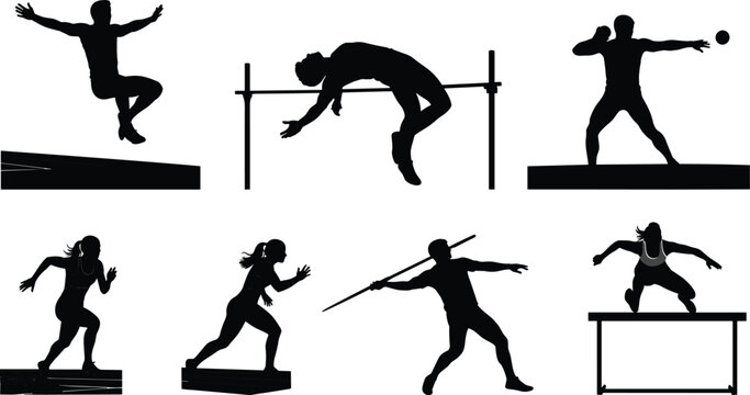 Silhouettes of athletes performing track and field events high jump shot put