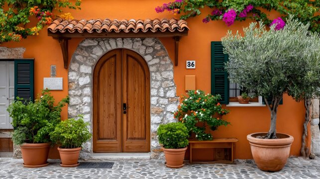 Mediterranean house with orange wall, old wooden door - Powered by Adobe