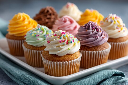Assortment of colorful cupcakes displaying various frostings and sprinkles