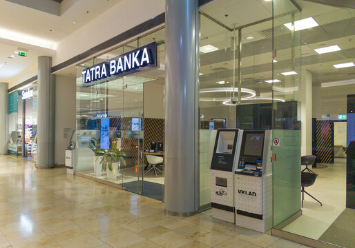 Bratislava, Slovakia - November, 16, 2025 : Tatra banka (Tatra Bank) branch in the Eurovea shopping mall in Bratislava. Tatra banka is a commercial bank in Slovakia.