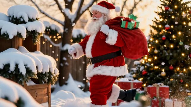 Santa running through snowy winter landscape carrying gift sack. Decorated Christmas tree with presents and golden lights. Panning camera movement across festive outdoor scene.