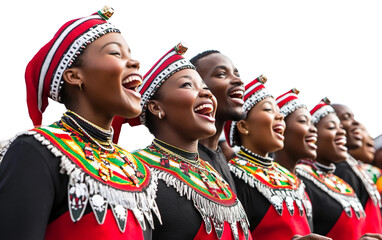 Festive scene of Kenyan singers performing joyful Christmas songs in colorful cultural clothing isolated on transparent background PNG
