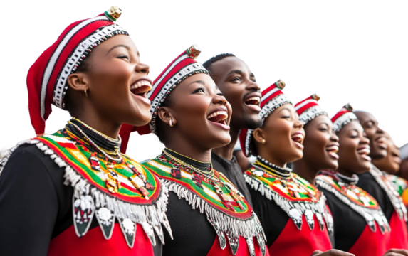 Festive scene of Kenyan singers performing joyful Christmas songs in colorful cultural clothing isolated on transparent background PNG