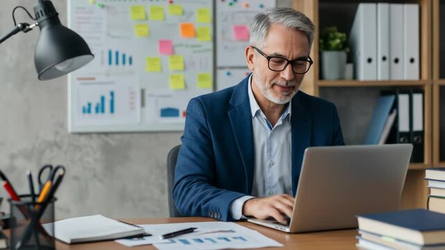 A older adult businessman in dark blue blazer working on laptop at desk with lamp and charts in a nice office background smiling