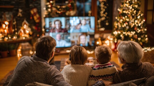 Family celebrating Christmas via technology virtual gathering at home with video call screens and festive background