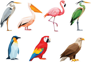 Naklejka premium Low poly bird illustration collection featuring flamingo, pelican, parrot, penguin, eagle, heron, geometric wildlife art, colorful polygon vector set