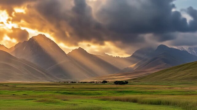 Dramatic sunlight over mountains and green landscape during daytime