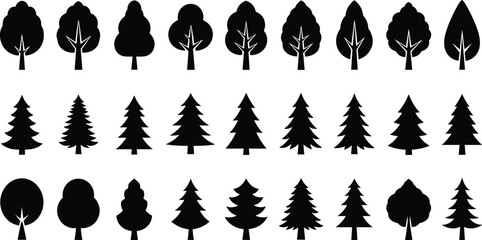 Collection of various tree silhouettes including pine, fir, forest trees, botanical shapes for nature design, landscape illustration, decorative vector elements set