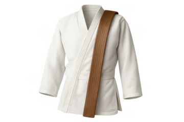 Judo gi with brown belt displaying martial arts uniform and ranking system on a transparent background