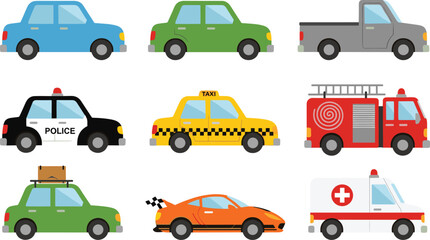 Colorful vehicle illustration set including cars, taxi, police car, fire truck, ambulance, pickup truck, race car, cartoon transportation vector collection © Bappi Creatives