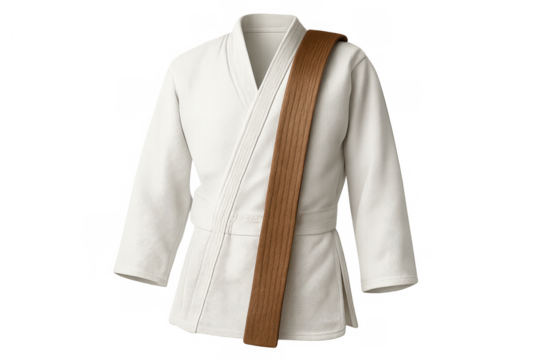 Judo gi with brown belt displaying martial arts uniform and ranking system on a transparent background