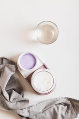 Cloudy pink matcha with taro vegetable in a glass on the table top and vertical view