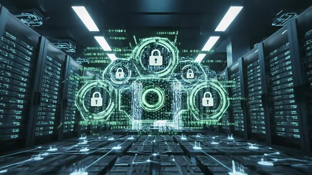 High performance data servers humming in a cloud computing network infrastructure facility with secure login screens, showcasing the power of cloud storage and processing capabilities for.