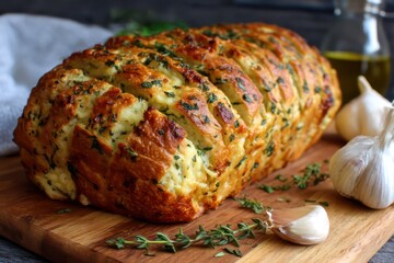 Rustic Homemade Garlic Cheese Loaf with Green Herbs