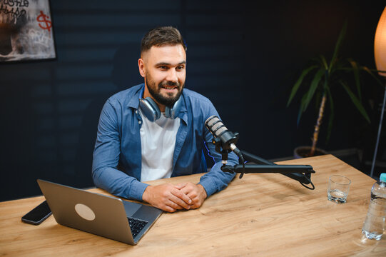 Content creator recording podcast in professional studio