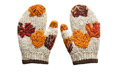 Handmade wool mittens with detailed fall foliage motifs perfect for seasonal fashion and chilly weather isolated on transparent background PNG