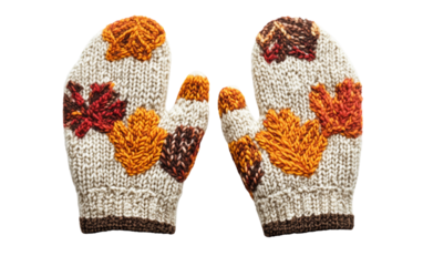 Handmade wool mittens with detailed fall foliage motifs perfect for seasonal fashion and chilly weather isolated on transparent background PNG