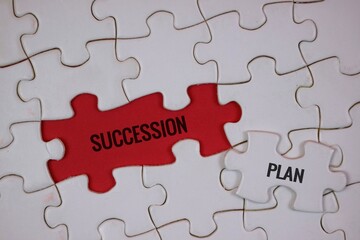 The word "SUCCESSION PLAN" on a puzzle with a red background symbolizes strategic leadership, continuity, and collaborative planning in business.