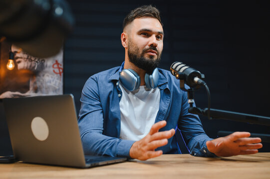 Content creator recording podcast in professional studio - Powered by Adobe