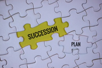 The word "SUCCESSION PLAN" on a puzzle with a yellow background symbolizes strategic leadership, continuity, and collaborative planning in business.