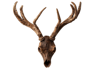 PNG of A striking mounted deer skull with large, intricate antlers, showcasing natural textures and earthy tones.