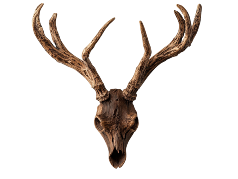 PNG of A striking mounted deer skull with large, intricate antlers, showcasing natural textures and earthy tones.