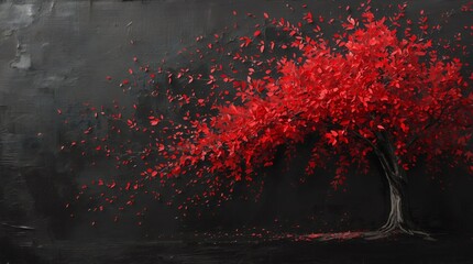 Elegant black abstract painting featuring a vivid red tree with scattered leaves, textured contemporary artwork with dramatic contrast and expressive modern composition
