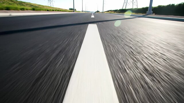 A road with a white line on the side, flanked by power poles, is smoothly traversed by a car in a close up view, capturing the quiet routine of familiar travels and evoking feelings of.