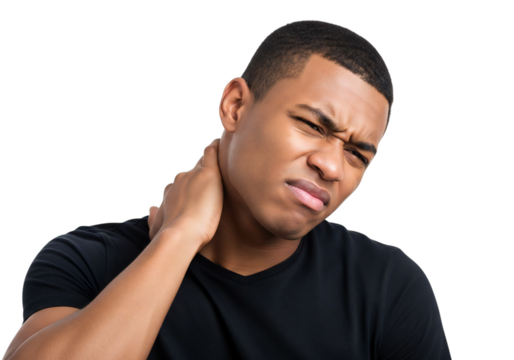 Young man grimacing in pain holding his neck isolated on transparent background