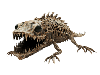 PNG of A detailed skeleton model of a mythical creature, blending eerie beauty with intricate bone structure, showcasing a fierce expression.