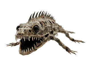 PNG of A fantastical creature resembling a skeletal frog with exaggerated features, captured in a striking 3D render.
