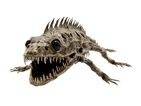 PNG of A fantastical creature resembling a skeletal frog with exaggerated features, captured in a striking 3D render.