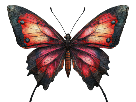 PNG of A stunning red and black butterfly with intricate patterns, showcasing nature's colorful beauty and delicate design.