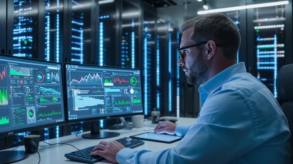 IT professional monitoring server performance in data center. Focused engineer analyzing complex data visualizations on dual screens. Camera panning and tilting. - Powered by Adobe