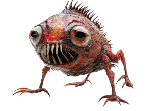 PNG of A colorful, cartoonish creature with big eyes and sharp teeth, exuding a whimsical yet slightly menacing charm.