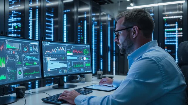 IT professional monitoring server performance in data center. Focused engineer analyzing complex data visualizations on dual screens. Camera panning and tilting. - Powered by Adobe