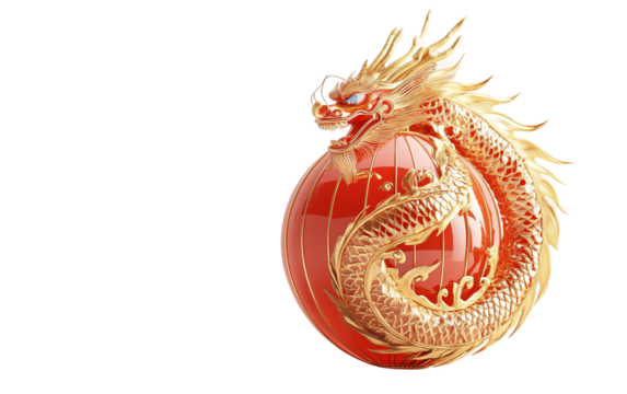Ornate red lantern featuring a detailed golden dragon design for cultural celebrations and holiday decoration isolated on transparent background PNG - Powered by Adobe