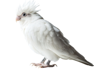 PNG of A stunning white parakeet with a fluffy crest, showcasing its grace and beauty against a clean background.